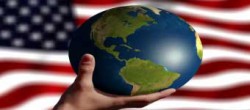 Hand Holding Globe with US Flag Background
