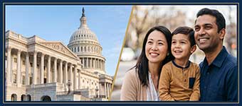 Courthouse with Smiling Immigrant Family